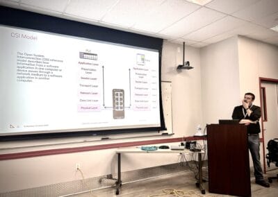 Gallery 15 Businessman presenting OSI model diagram in a conference room during a corporate training session.