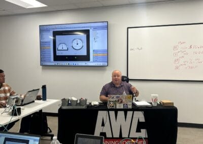 Gallery 37 Automated Dynamics Corp. team in a modern conference room with presentation screens and tech devices.